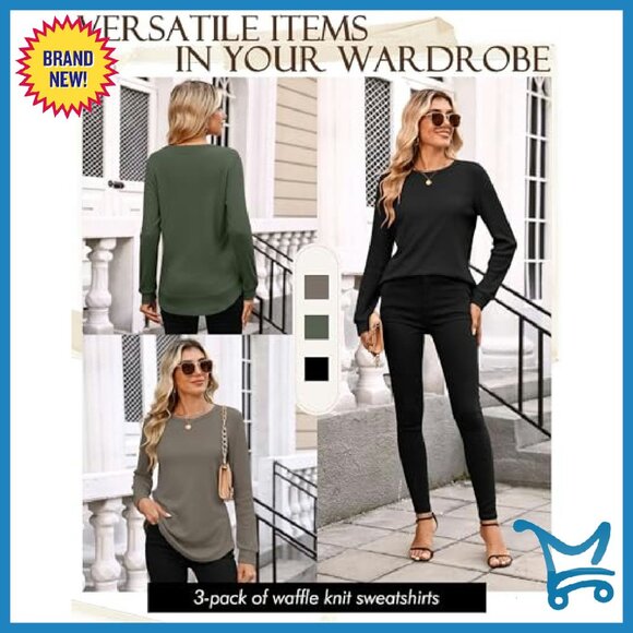 3 Pack Waffle Knit Sweatshirts Crew Neck Long Sleeve Loose Fit Pullover - Picture 6 of 7